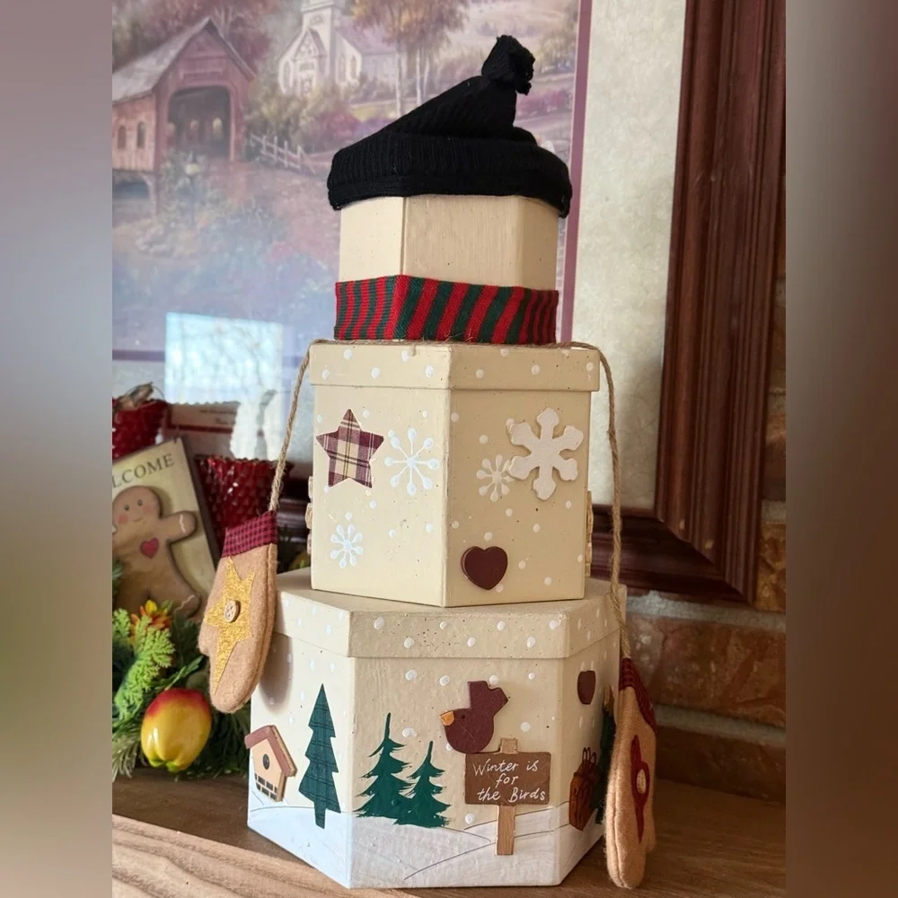 Handcrafted Cream Snowman Stack Holiday Decor with Red & Green Scarf